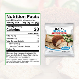 Nutrition Facts: about 8 servings per container. Serving size 2 tsp dry mix. Calories per serving 20, Sodium 15 mg Carbs 5g