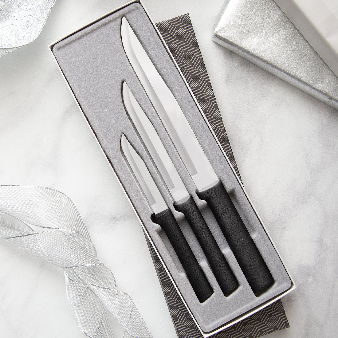 Rada Cutlery Housewarming Gift Set with silver handles in black-lined gift box