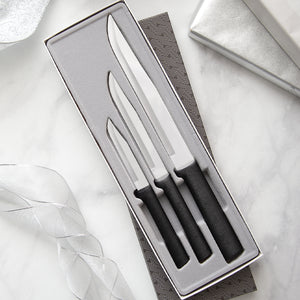 Housewarming Gift Set with three black-handled knives in gray-lined gift box