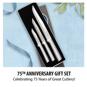 7th Anniversary Gift Set, Celebrating 75 Years of Great Cutlery! Three knives on blue background.