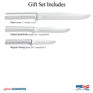 Illustration of knives in Housewarming Gift Set and logos for Made in USA and Lifetime Guarantee