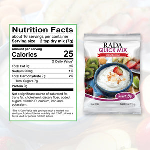 Nutrition Facts: 16 servings per container, serving size 2 tsp. dry. Calories per serving 25, total fat 0g, carbohydrate 7 g