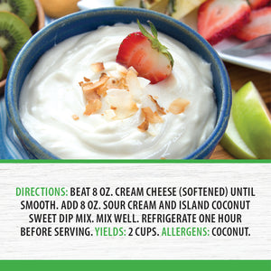 Directions: Beat cream cheese until smooth. Add sour cream and sweet dip mix. Mix well. Refrigerate one hour.
