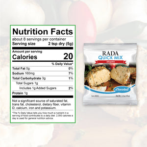 Nutrition Facts: 8 servings per container, serving size 2 tsp. dry. Calories per serving 20, total fat 0g, sodium 160 mg.