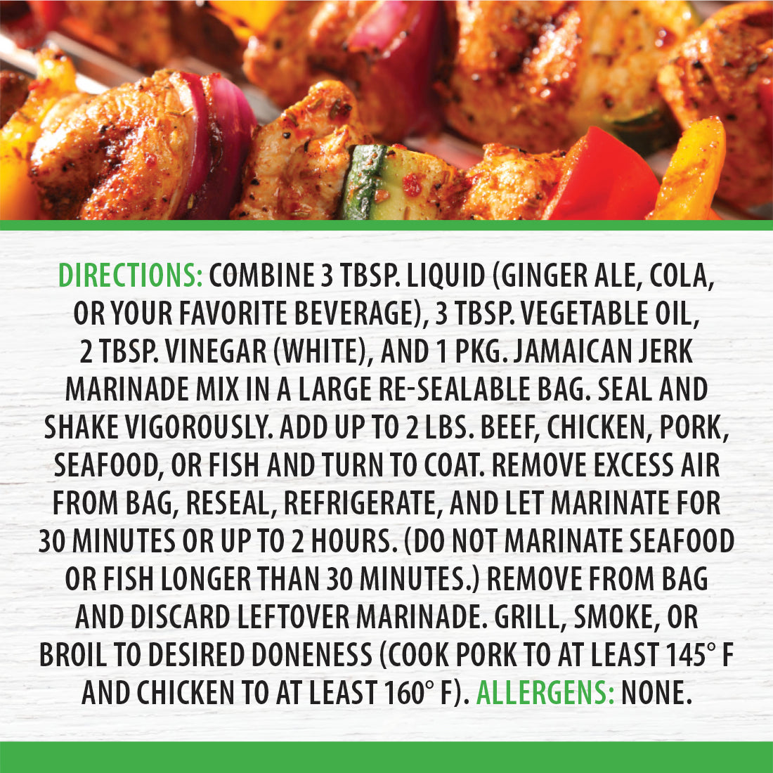 Jamaican Jerk Marinade shown on chicken and vegetable kabobs. 