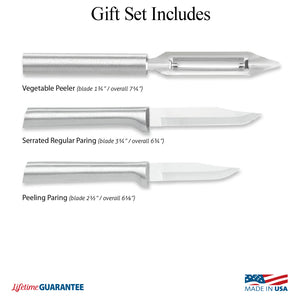 Illustration of knives in Kitchen Basics Gift Set and logos for Made in USA and Lifetime Guarantee. 