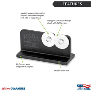 Features diagram for Quick Edge Knife Sharpener with Made in USA and Lifetime Guarantee logos
