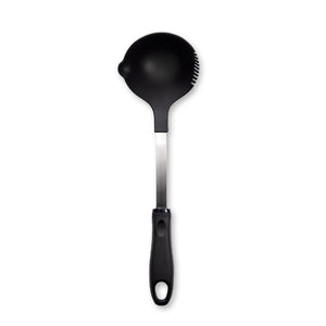 Non-scratch Ladle on white background with stainless steel stem.