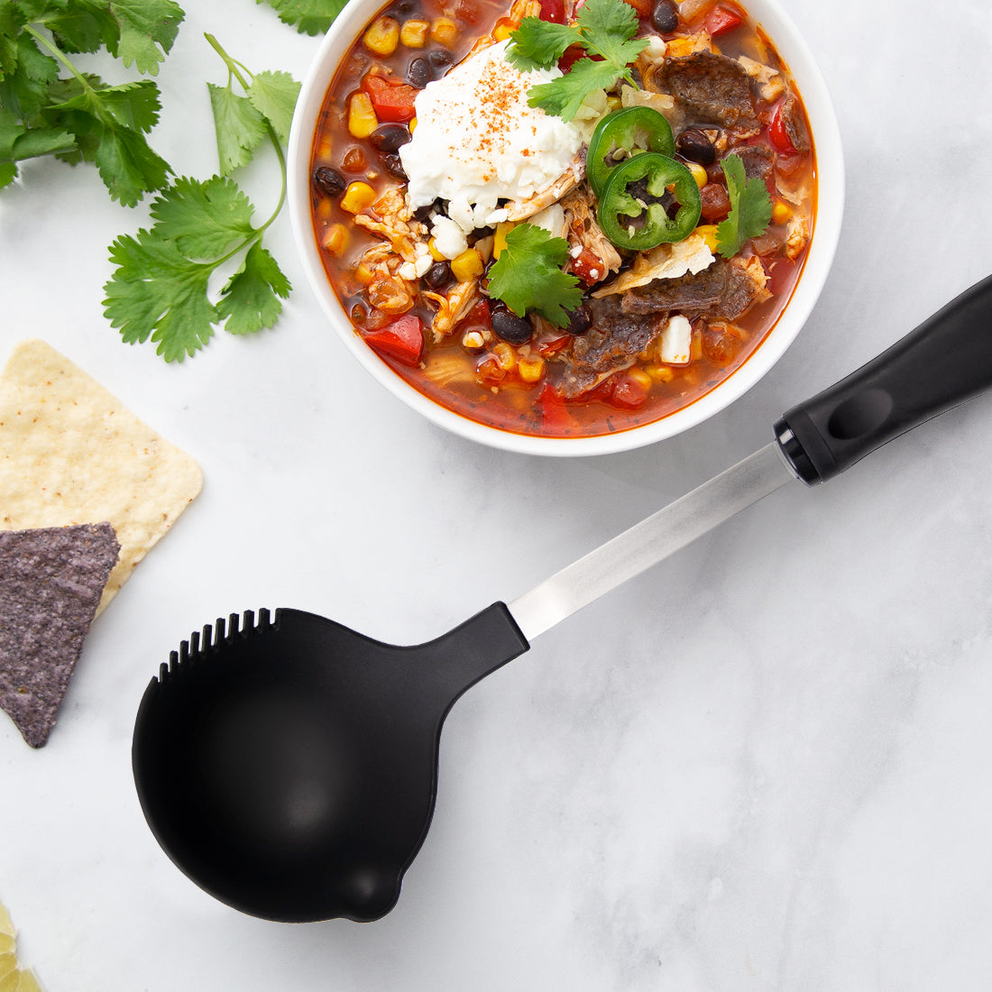 Non-scratch Rada Cutlery Ladle with chili, sour cream, chips, and jalapenos.