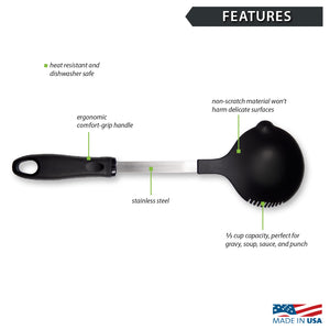 Rada Cutlery Ladle features include ergonomic grip handle, non-scratch material, perfect for gravy, soup, and so much more!