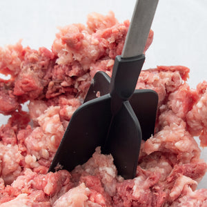 Non-scratch Meat Chopper chopping raw beef in a bowl.