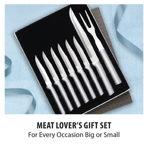 Meat lover's gift set. For every occasion big or small. Gift box of 6 serrated steak knives, a carving fork and carver knife.