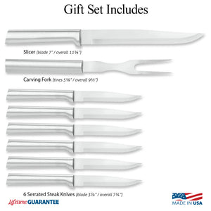 Illustration of knives in Meat Lover's Gift Set and logos for Made in USA and Lifetime Guarantee. 