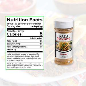 Nutrition Facts: 156 servings per container, serving size 1/4 tsp. dry. Calories per serving 5, total fat 0g, sodium 120mg