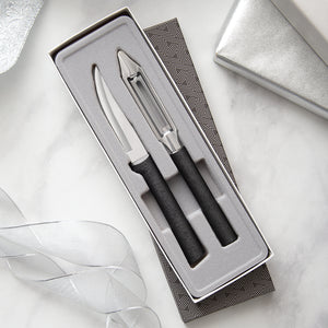 Pare & Peel Gift Set with black-handled paring knife and vegetable peeler in gift box