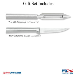 Illustration of knives in Pare & Peel Gift Set and logos for Made in USA and Lifetime Guarantee. 