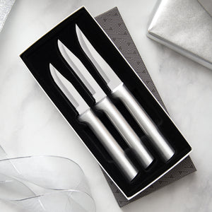 Paring Knives Galore Gift Set with silver handles includes three paring knives in gift box. 