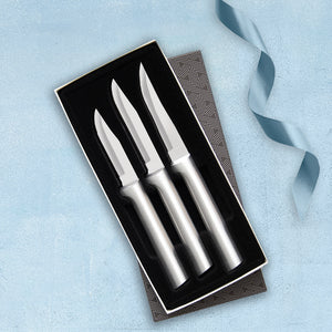 A gift box showing the 3 paring knives in the set. The heavy duty paring knife, the regular paring and the peeling paring. 