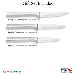 Illustration of knives in Paring Knives Galore Gift Set & Made in USA and Lifetime Guarantee logos 