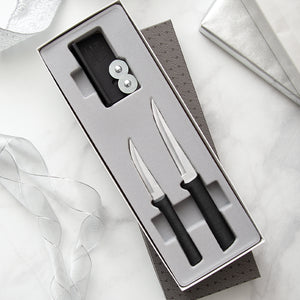 Rada Cutlery Paring Plus Sharpener Gift Set with black handles. 