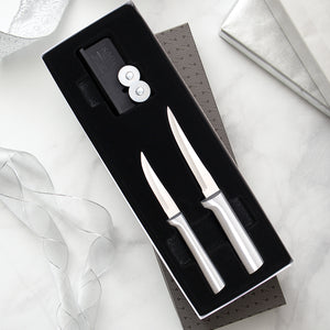 Paring Plus Sharpener Gift Set with with two silver-handled paring knives and sharpener in gift box