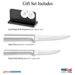Illustration of knives in Paring Plus Sharpener Gift Set & Made in USA and Lifetime Guarantee logos 