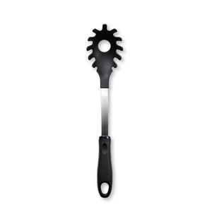 Non-Scratch Pasta Server on white background with stainless steel stem.