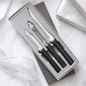 Peel, Pare & Slice Gift Set with silver handles with two knives and sharpener in gift box. 
