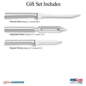 Illustration of Peel, Pare & Slice Gift Set products & logos for Made in USA and Lifetime Guarantee