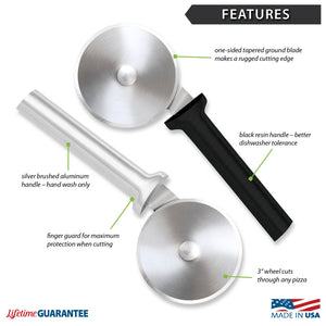 Features diagram for Pizza Cutter with Made in USA and Lifetime Guarantee logos