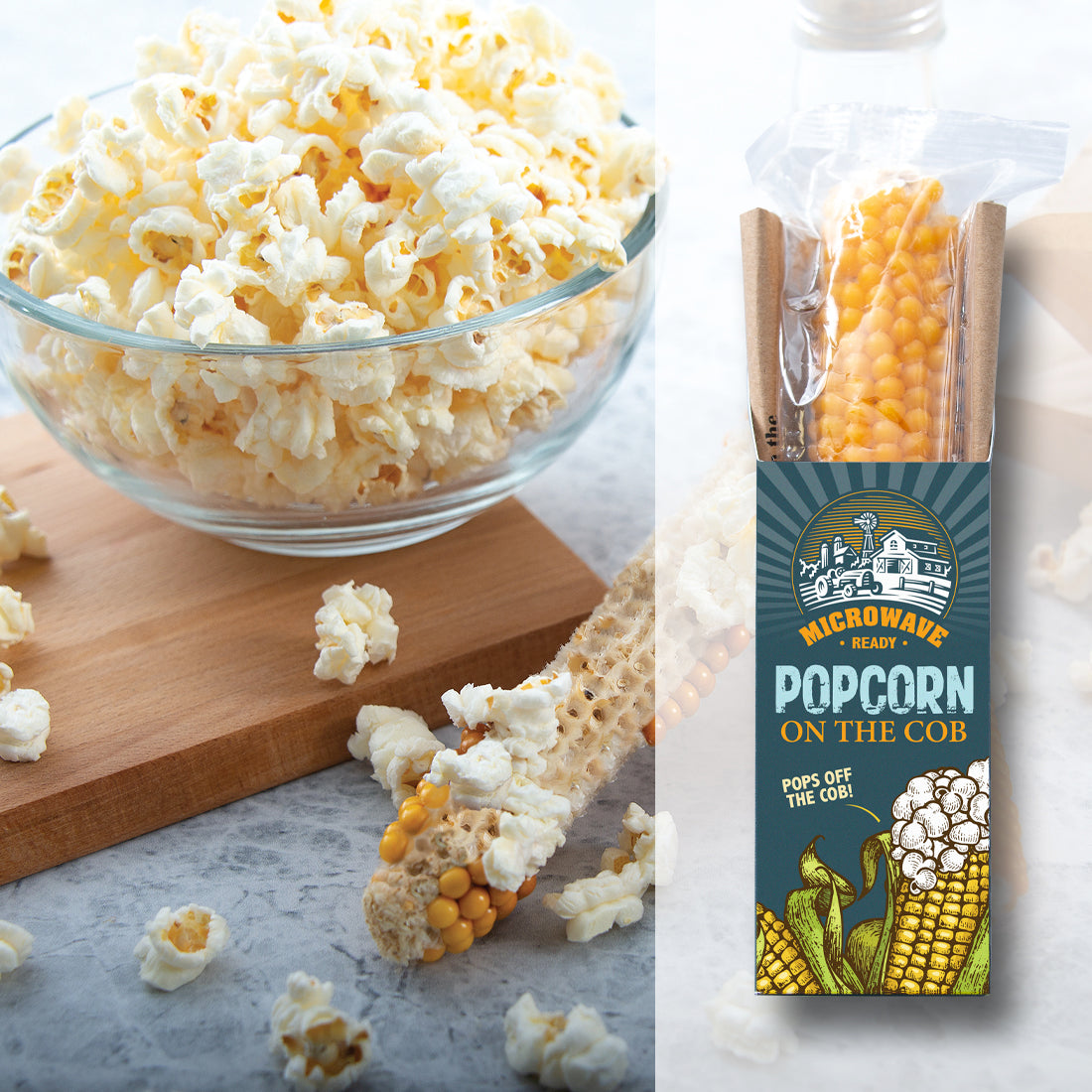 A bowl of popped popcorn next to a package of microwave ready popcorn on the cob. It pops off the cob!