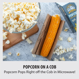 An un-popped ear of popcorn next to a popped bowl of popcorn. Popcorn on a cob, popcorn pops right off the cob in microwave!