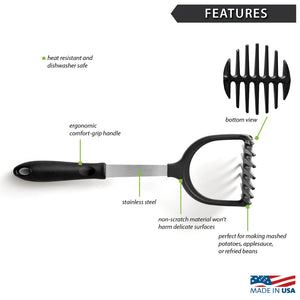 Features diagram for non-scratch Potato Masher with Made in USA logo
