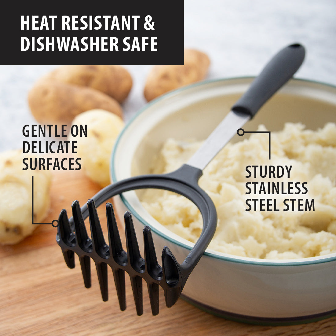 KSENDALO Multifunctional Kitchen Cooking Tool – Potato Masher, Avocado  Masher, Bean Masher - Nonstick Degradable Nylon Blade with Comfortable  Rubber