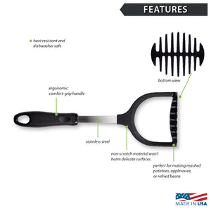 Features of Rada's Potato Masher with non-scratch material, perfect for mashed potatoes, applesauce, and refried beans.