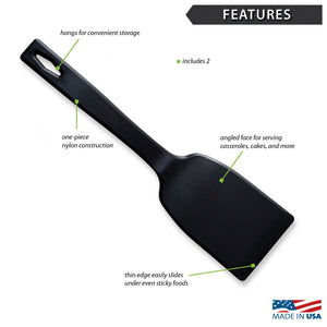 Features diagram of small black Potluck Spatula and Made in USA logo