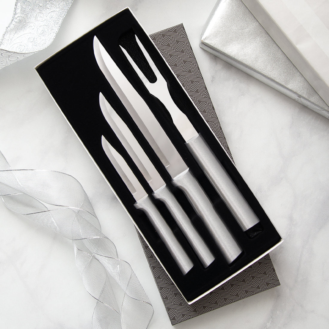 Prepare Then Carve Gift Set (three knives and a carving fork) with silver handles in a gift box