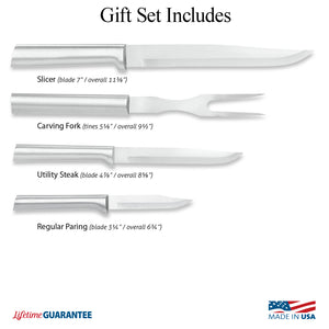 Illustration of knives in Prepare Then Carve Gift Set with Made in USA and Lifetime Guarantee logos 