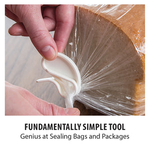 Showing clip in use on a bread bag. Fundamentally simple tool. Genius at sealing bags and packages. 