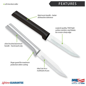 Features diagram for Regular Paring Knife with Made in USA and Lifetime Guarantee logos. 
