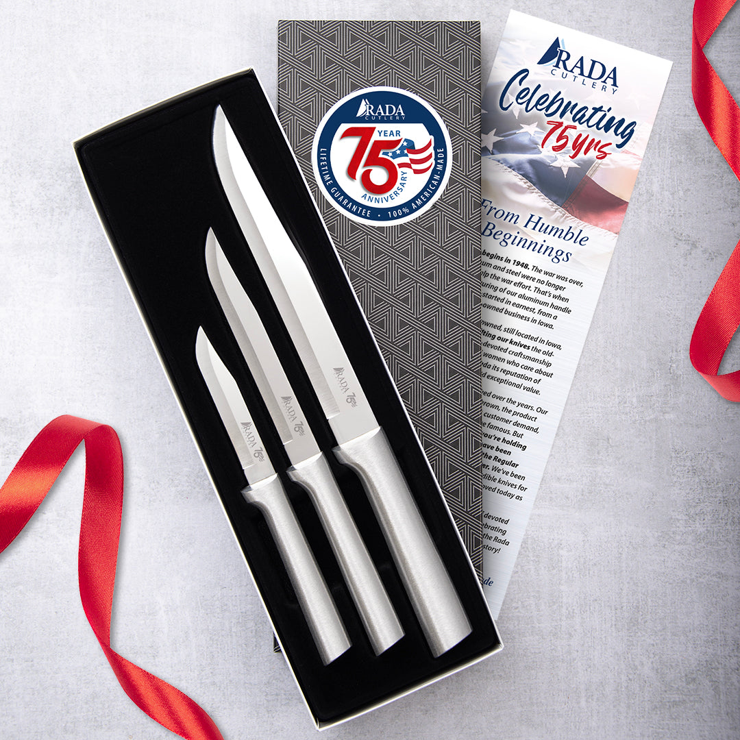 Rada's 3-piece 75th Anniversary Gift set with silver handles,7th Anniversary logo lasered on blades.