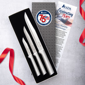 Silver handle gift set with 3 knives in gift box, 75th anniversary label, and special insert.