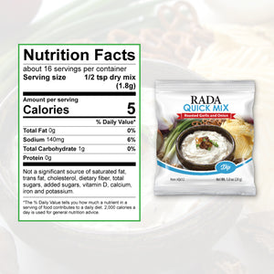 Nutrition Facts: about 16 servings per container. Serving size 1/2 tsp dry mix. Calories per serving 5, Sodium 140mg 