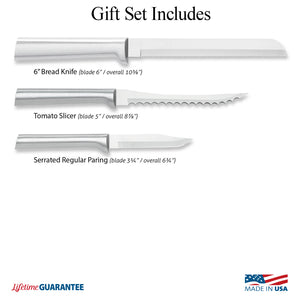 Illustration of Sensational Serrations Gift Set knives and Made in USA & Lifetime Guarantee logos 