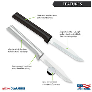 Features diagram for Serrated Regular Paring knife with Made in USA and Lifetime Guarantee logos. 