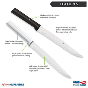 Features diagram for Serrated Slicer with Made in USA and Lifetime Guarantee logos. 