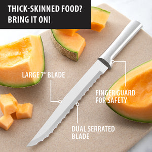 Serrated slicer on cutting board with sliced cantaloupe. Large 7 inch blade. Finger guard for safety. Dual serrated blade. 