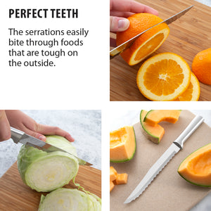 Slicing an orange, cabbage and melon. Perfect teeth. The serrations easily bite through foods that are tough on the outside. 