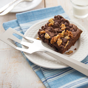 Stainless steel serverspoon shown on a white plate with a brownie. 