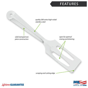 Features diagram for Serverspoon with Made in USA and Lifetime Guarantee logos. 